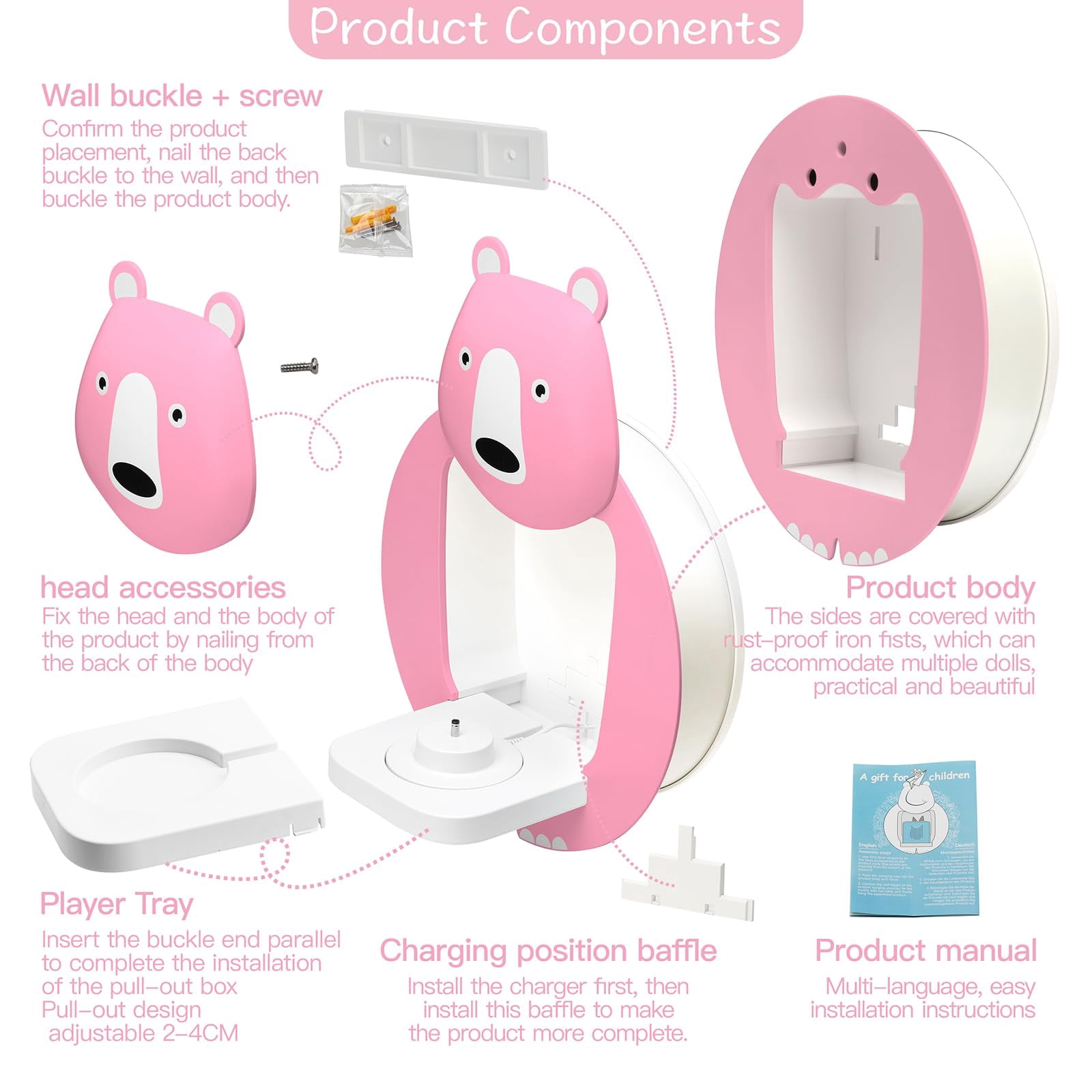 Tnvodejo for Toniebox Creative Bear Children's Magnetic Floating Shelf and for Tonies for 30-48 Figures - Wall Shelf for The Music Box - for Playing and Collecting - for Children's Baby Rooms (Pink)