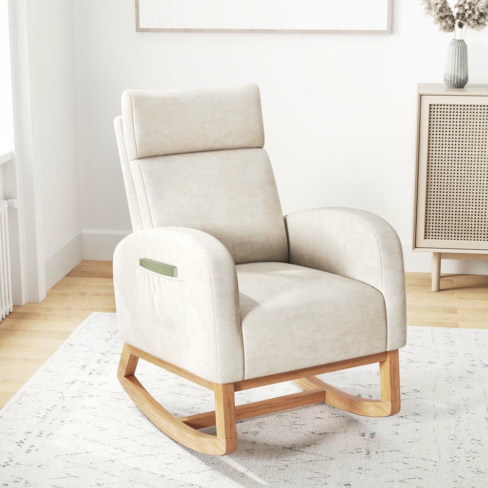 Resenkos Upholstered Nursery Rocking Chair for Glider with Solid Rubberwood Frame, Beige