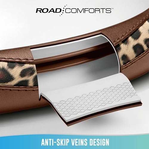 Steering Wheel Cover - Made with PVC Leather and Leopard Fabric - Universal 14 1/2 inches to 15 inches for Most Automotive Steering Wheel - Cheetah Print - Brown
