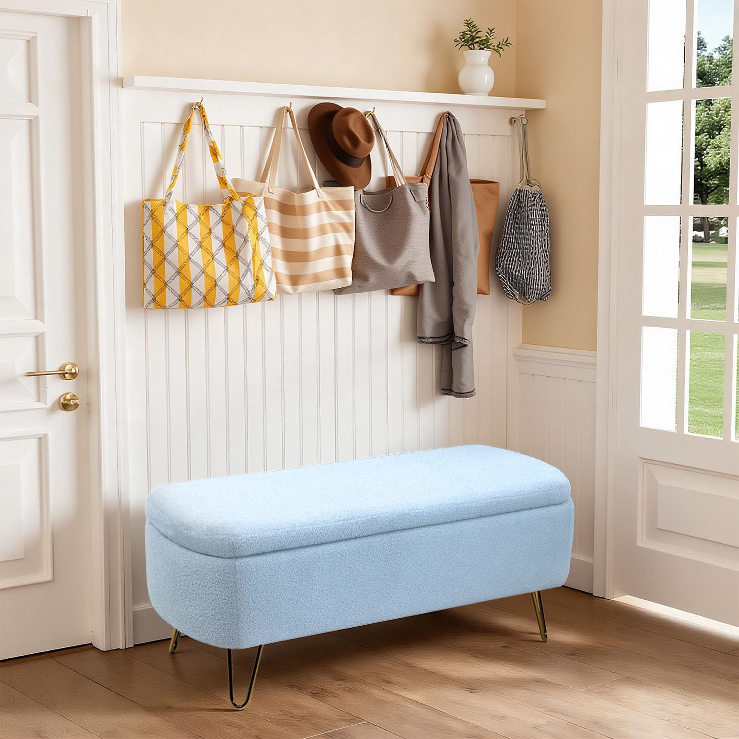 Upholstered Storage Ottoman-Rectangular Padded Seat Bench,Teddy Fabric Shoe Storage with Gold Legs for Bedroom End of Bed, Entryway, and Living Room