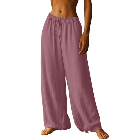 hoksml Women's Solid Cotton Wide Leg Pants, High Waist Drawstring Casual Loose Trousers for Daily Wear