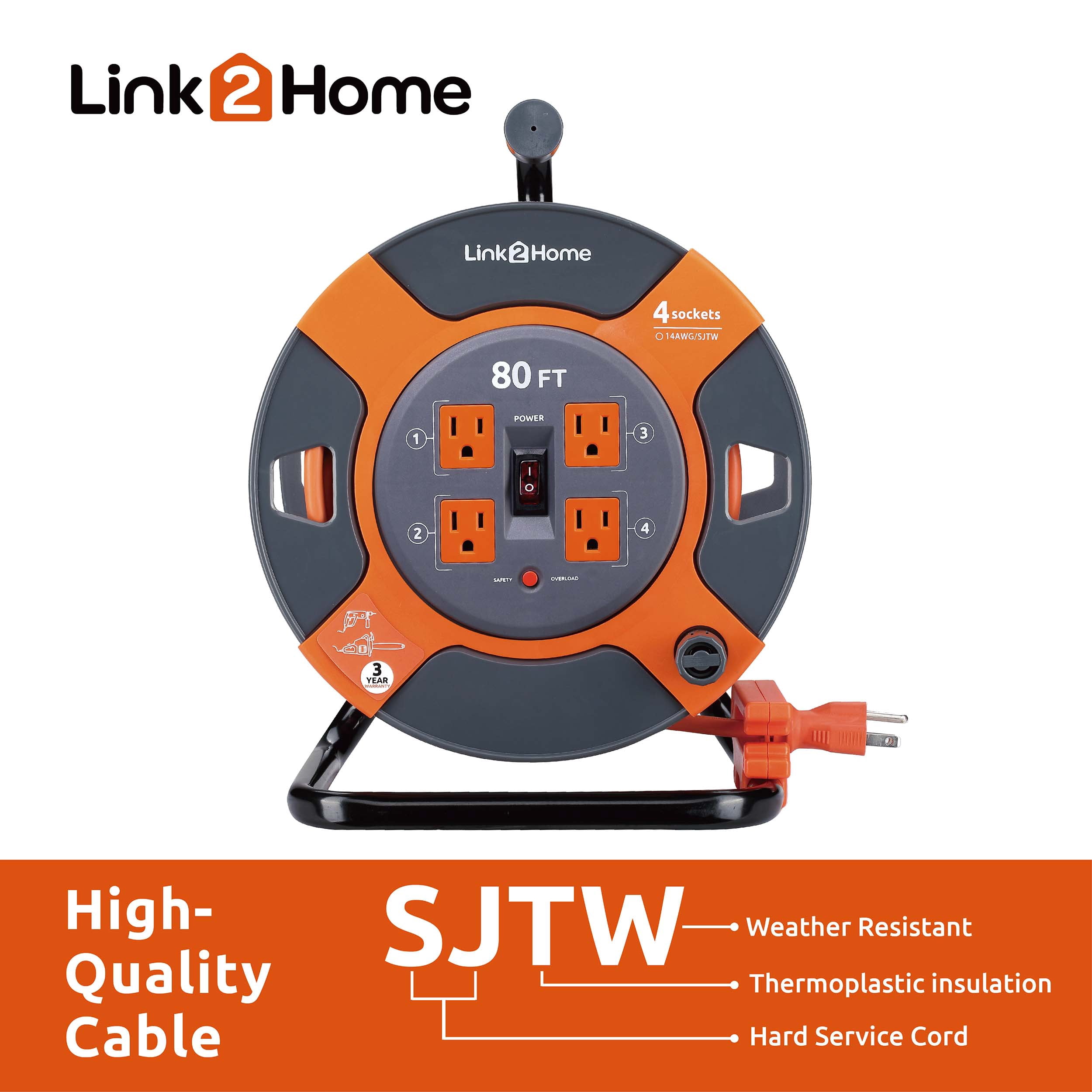 Link2Home 80 Ft Extension Cord Reel 4 Outlets 14AWG Cable Outdoor Use