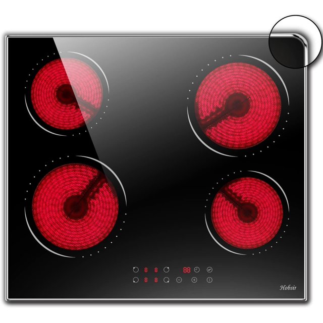 Hobsir 4 Burner Electric Cooktop, Touch Control Built-in Electric Stove 24 inch Ceramic Cooktops with Glass Protection Metal Frame,Timer & Kid Safety Lock, 220-240v 6000W, Hard Wired(No Plug)