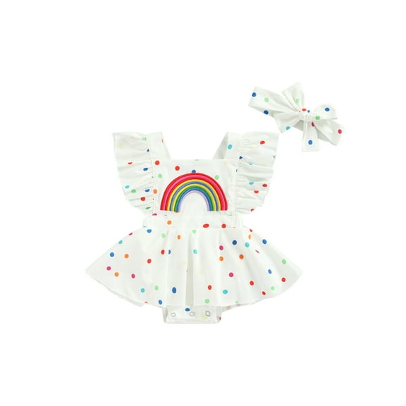 Baby Toddler Girls Summer Romper Dress,6 12 18 24 Months Cute Rainbow Dots Pattern Ruffle Sleeve Cross Back Bodysuit