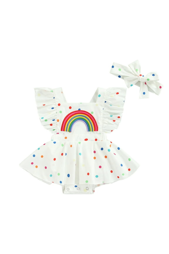 Baby Girls Summer Casual Romper Sleeveless Dot Rainbow Print Playsuit Headband