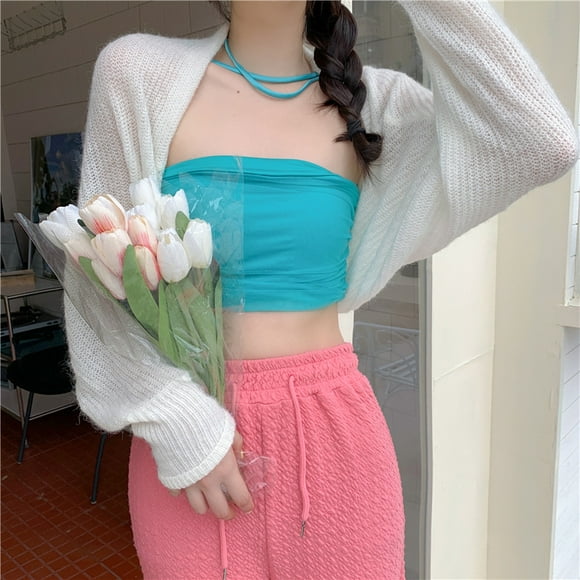 VISgogo - Cárdigan corto de punto para mujer con parte delantera abierta, manga larga, color sólido, protección solar VISgogo moda