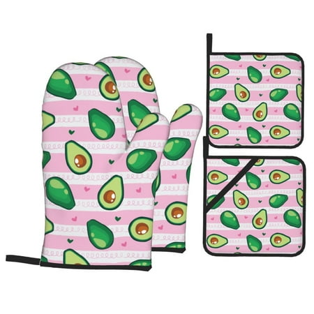 

Oven Mitts and Pot Holders 4 Piece Cute Avocado Pink Stripe High Heat Slip Resistant Oven Mitt and Trivets Set Kitchen Oven Glove Pot Holders for Cooking Baking Grilling