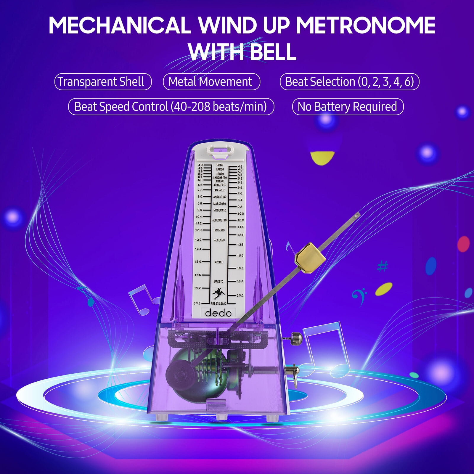 Transparent Mechanical Metronome with Bell Universal Wind up Metronome with Loud Sound Beat Selection Speed Control for Guitar Piano Violin Drum