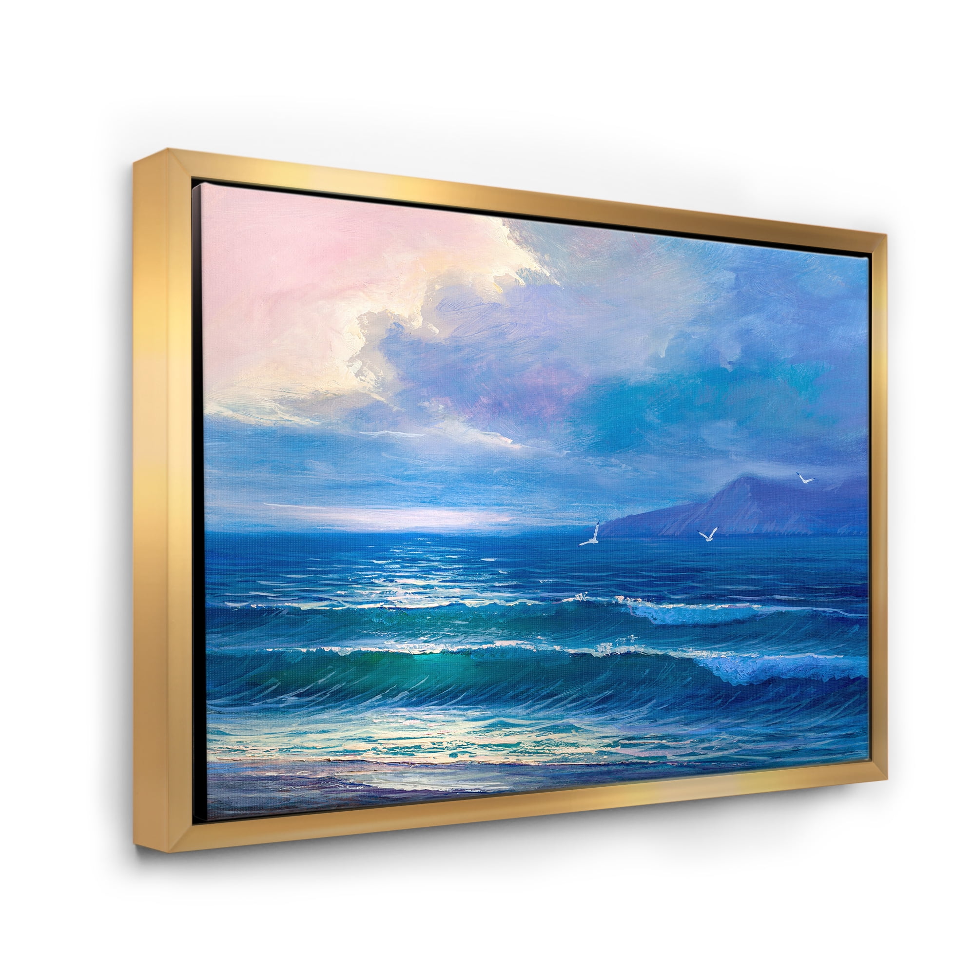 Sunrise Glow On The Sea Waves I 32 in x 16 in Framed Painting Canvas Art Print, by Designart
