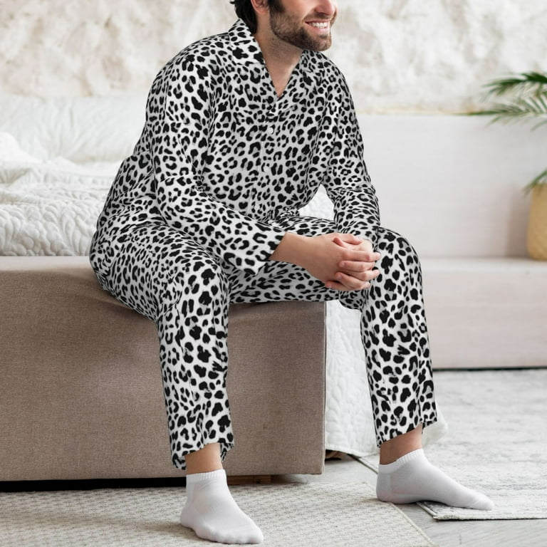 Mens Pajamas Set Black leopard print A Soft Notched Collar