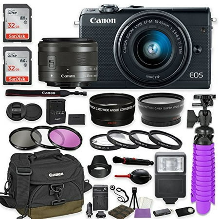 Canon EOS M100 Mirrorless Digital Camera (Black) Premium Accessory Bundle with Canon EF-M 15-45mm IS STM Lens (Graphite) + Canon Water Resistant Case + 64GB Memory + HD Filters + Auxiliary