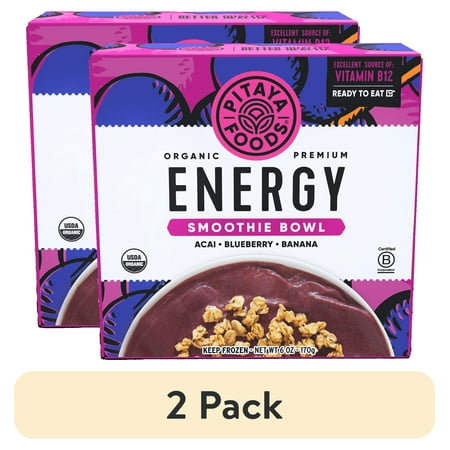 (2 pack) Pitaya Foods Energy Ready-to-Eat Frozen Smoothie Bowl, Acai, Blueberry, & Banana, Organic, 6 oz.