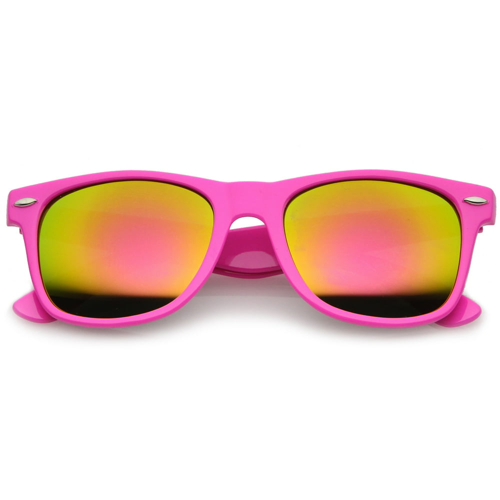 Sunglass La Retro Large Square Colored Mirror Lens Horn Rimmed Sunglasses 55mm Hot Pink