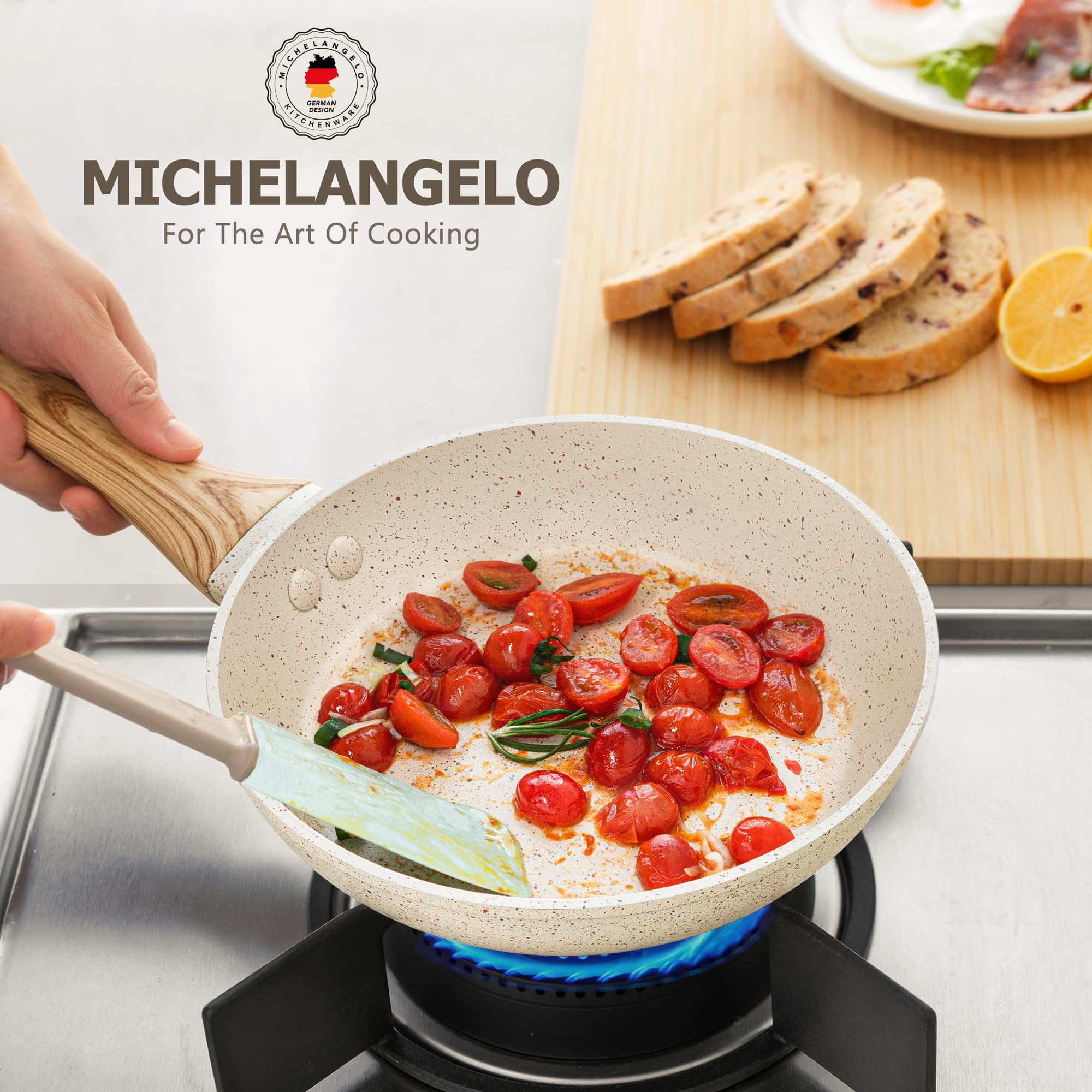 MICHELANGELO Small Frying Pan with Lid, 8 Inch Frying Pan Nonstick with Non-Toxic Coating, Granite Egg Pan with Anti-Scald Handle, Small Pan, White