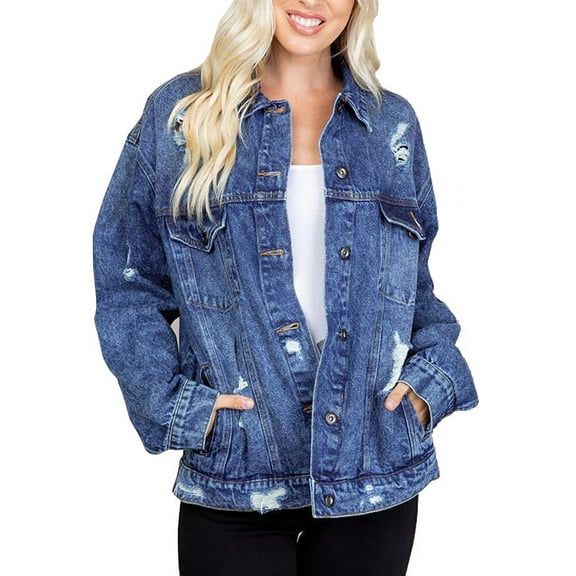 Women's Distressed Oversized Casual Button Front Cotton Jean Denim Jacket (Dark Blue, S)