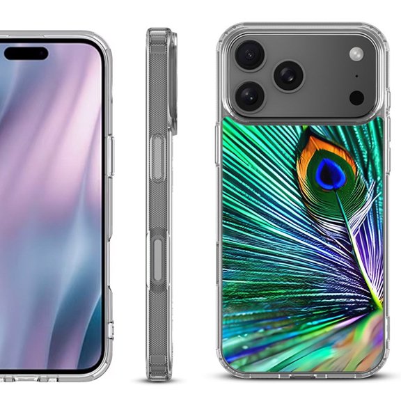 For iPhone 17 Pro Max Protective Shockproof Phone Case, by OneToughShield - Peacock Feather