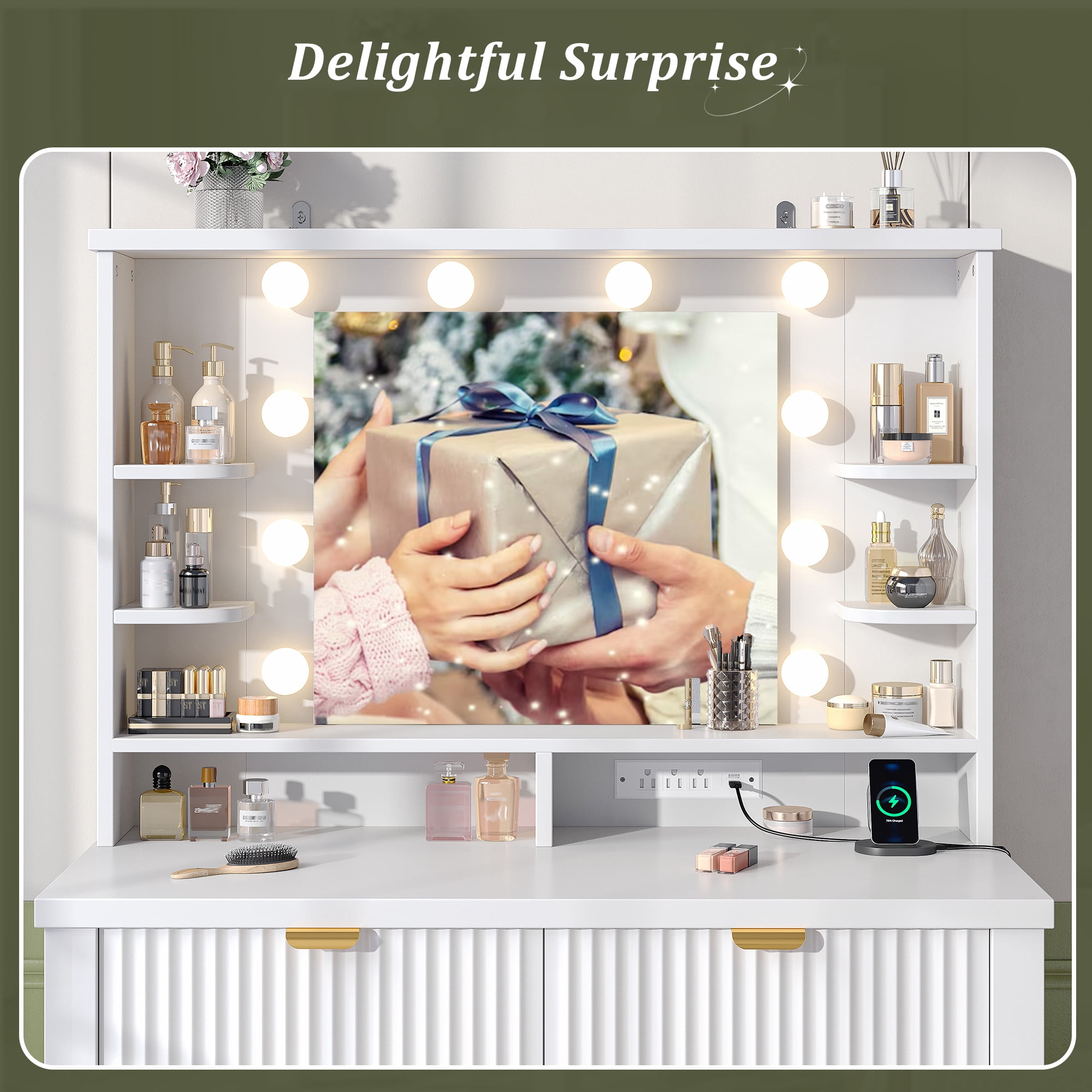 Vanity Desk with Storage Stool Fluted Dressing Table with Mirror and 3-Color Lights Vanity with 2 Large Drawers & Charging Station, White