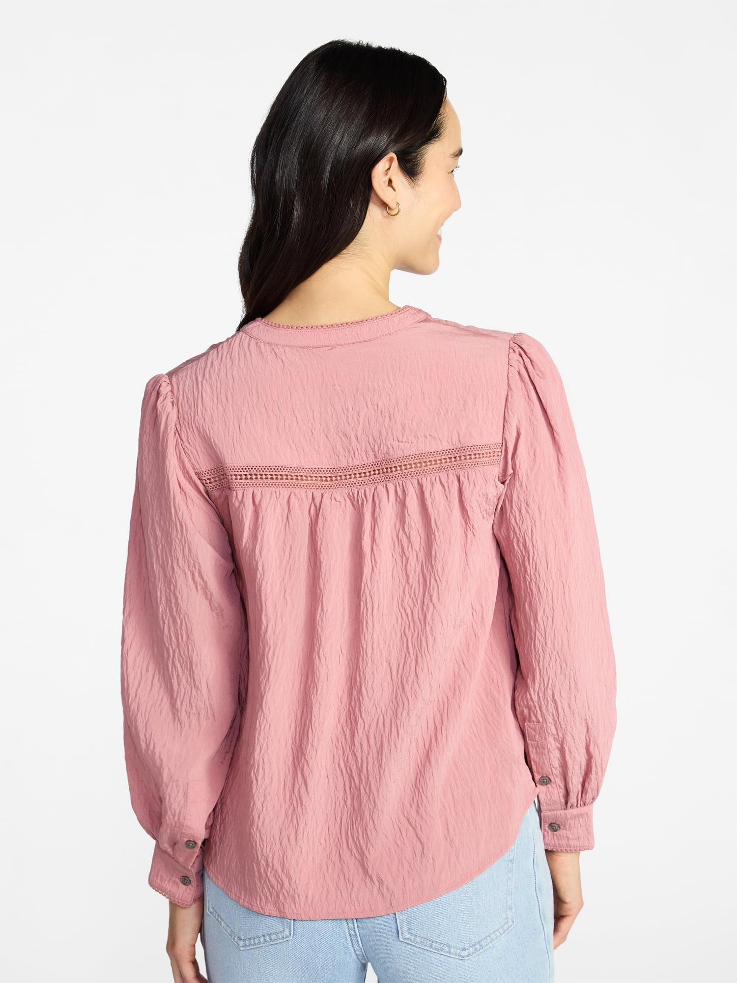 Time and Tru Women's Lace Yoke Half Button Shirt with Long Sleeves Sizes XS-XXXL