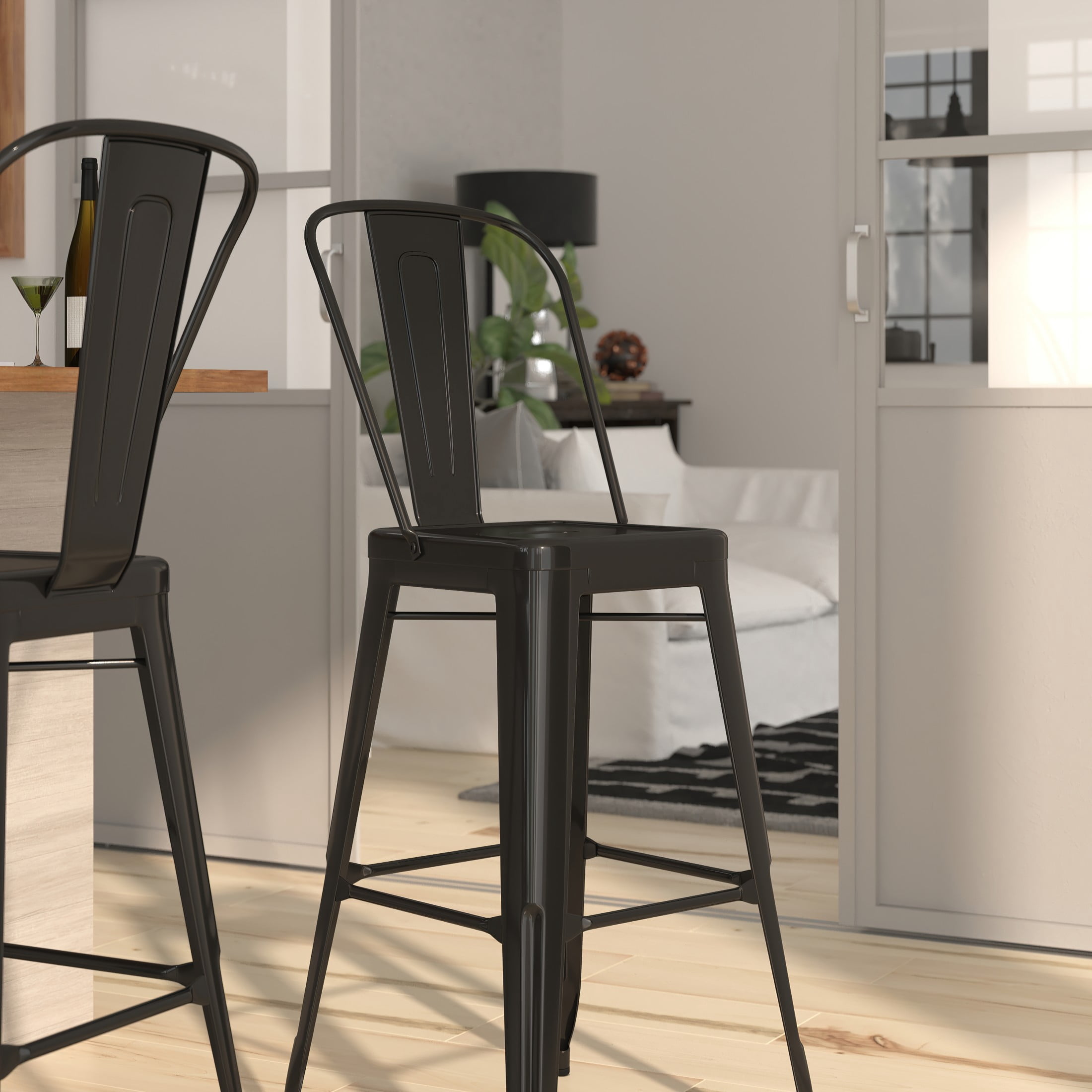 Merrick Lane Black 30" High Metal Bar Height Stool with Removable Back for Indoor-Outdoor Use