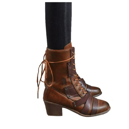 

NECHOLOGY Women s Dress Boots Mid Calf Retro Women s Toe Lace-up Colorblocked Extra Wide Calf Riding Boots for Women Brown 8