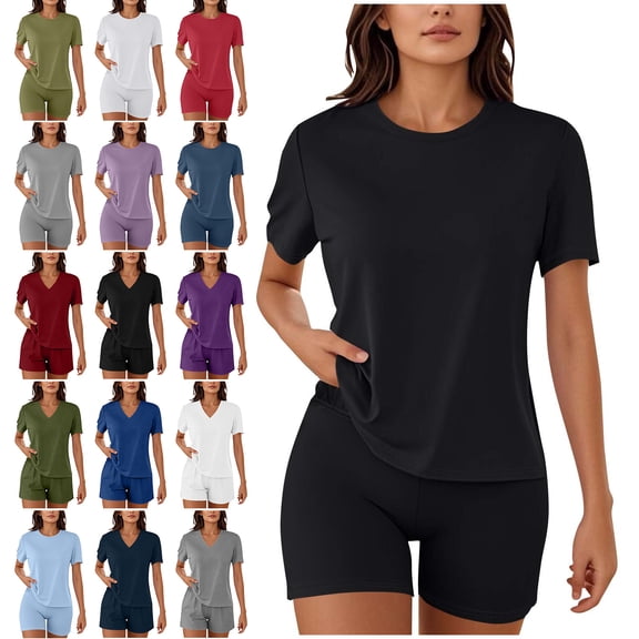 Bovxnpu Two Piece Sets for Women Fall Outfits, Women's Two Piece Lounge Set Summer Casual Oversized Shirts Biker Shorts Matching Airport Travel Outfit