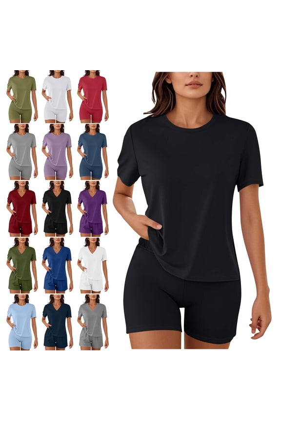 Two Piece Sets for Women Fall Outfits, Women's Two Piece Lounge Set Summer Casual Oversized Shirts Biker Shorts Matching Airport Travel Outfit