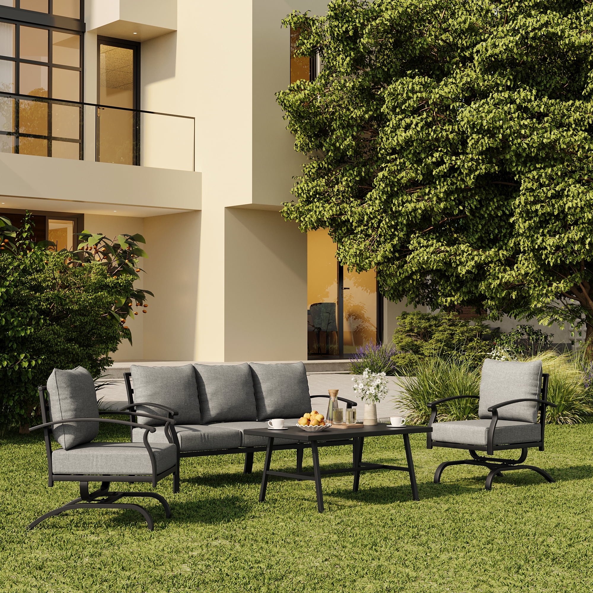 ALAULM 4 Piece Patio Furniture Set,Outdoor Metal Patio Furniture with Coffee Table & Rocking Chairs Conversation Set for Porch,Backyard,Poolside, Garden-Grey