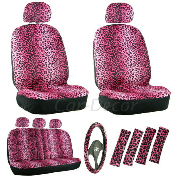 Leopard Pink Car Seat Cover 17 Pc Set, Pink Cheetah Print Car Seat Covers