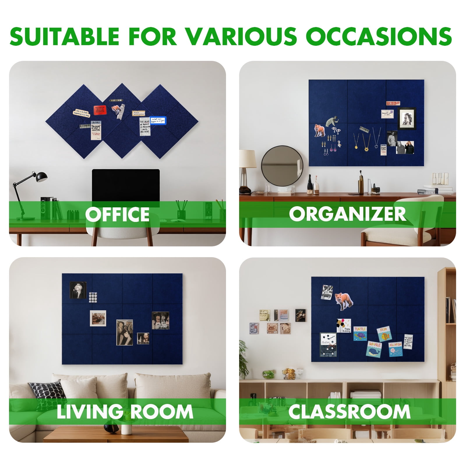 Large Cork Board for Office Decor,48"x36"-12 Pack Felt Wall Tiles with Safe Removable Adhesive Tabs, 1/2" Thick Felt Bulletin Board,Cork Boards for Walls Pin Board - Dark Blue
