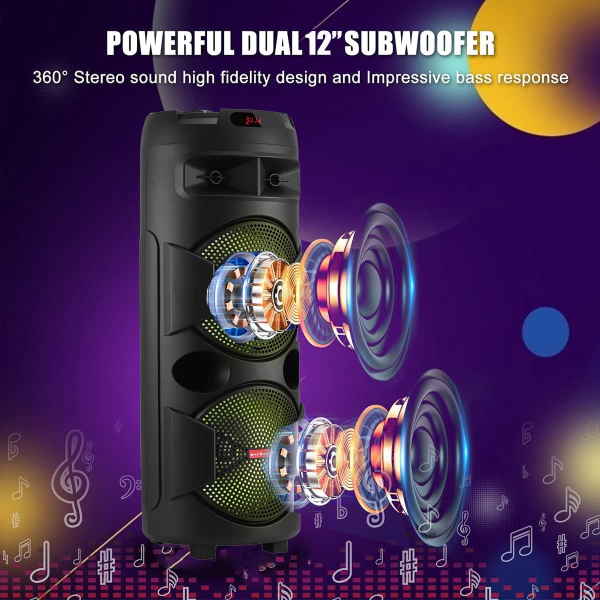 RIDWIND 9000W Peak Power Portable Bluetooth Speakers Portable with Double 12 inch Subwoofer Heavy Bass,FM Radio, Wireless Microphone, Party Lights, Remote Control TWS Stereo Sound System Speaker