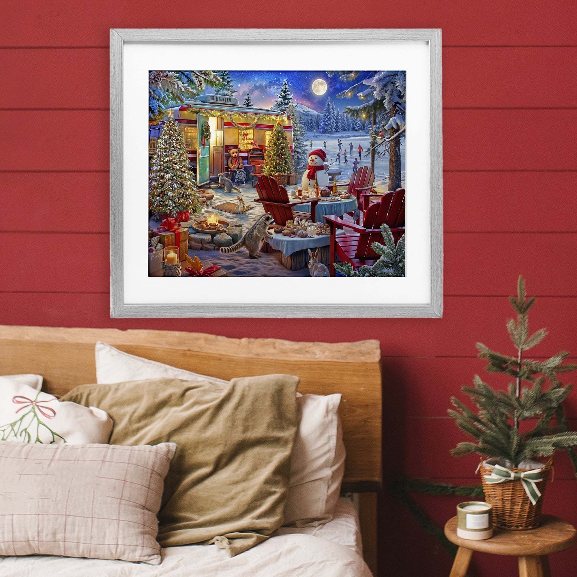 Winter Holiday Camper Party Gray Framed Print Under Glass, design by Henriette Chinaglia