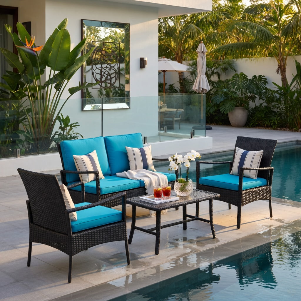 Hommoo 4-Piece PE Rattan Outdoor Conversation Set with Tempered Glass Coffee Table, Metal Frame, Backyard Patio Furniture, Turquoise