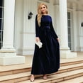 thumbnail image 5 of Women'S Elegant Velvet Belted Pleated Long Sleeve Party Formal Wedding Guest A-Line Maxi Long Dress Dark Blue M, 5 of 7