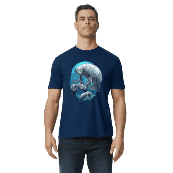 Decked Out Duds Graphic Tees Manatee T-shirt Mens Cotton Tee Short Sleeve Blue