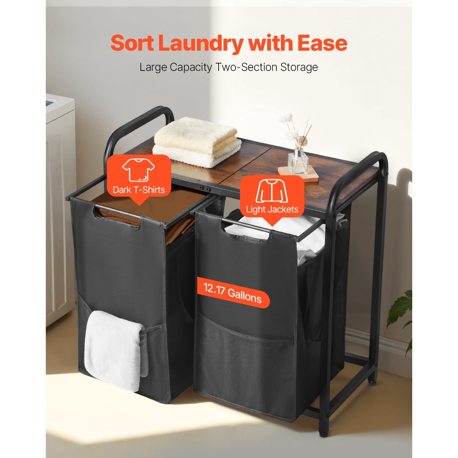 KFFKFF 2-Section Laundry Organizer with Metal Frame and Wooden Top, Spacious Hamper with Removable 600D Oxford Cloth Bags for Sorting Clothes, Ideal for Bathroom or Laundry Room