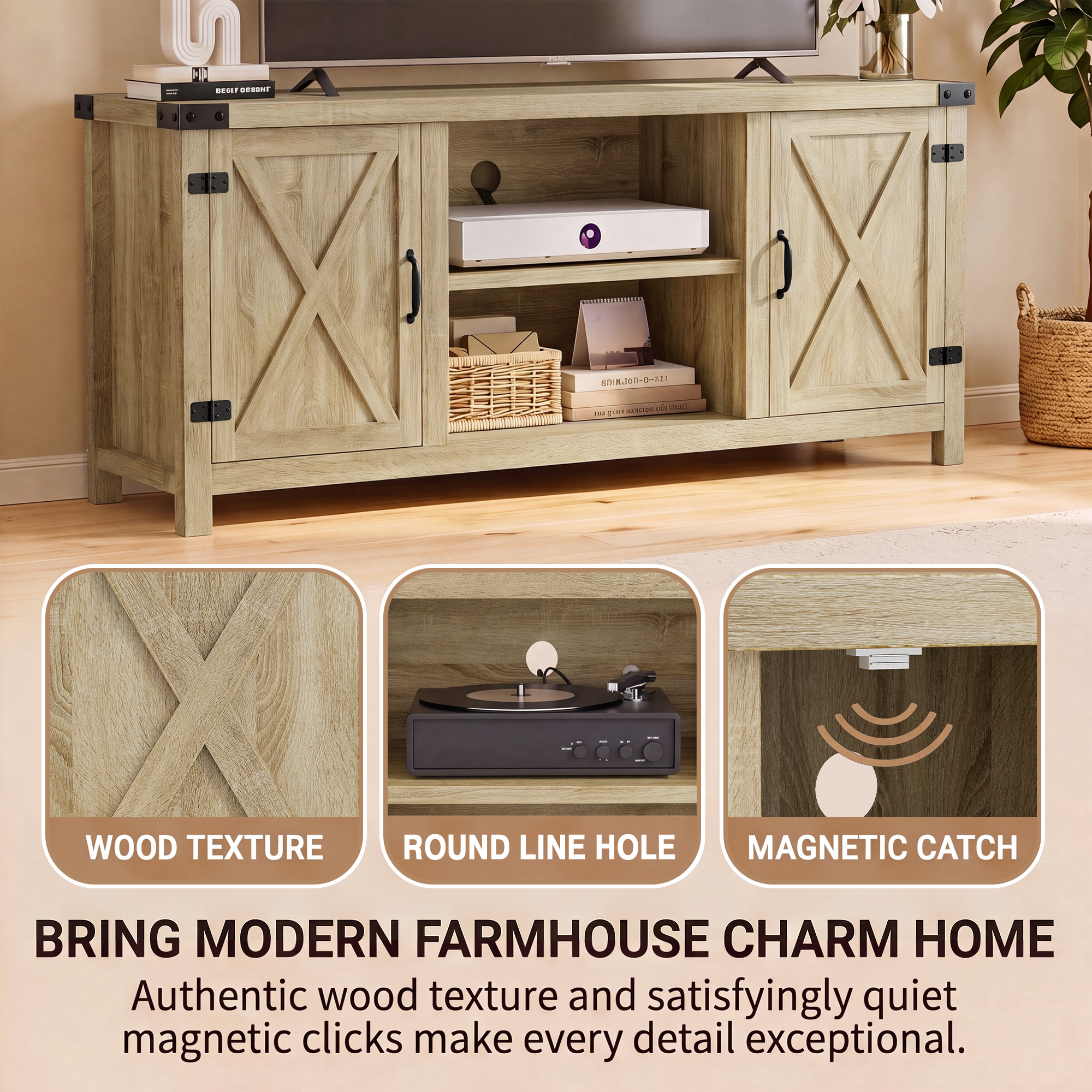 Homall Farmhouse TV Stand for 65", Oak Wood photo 5