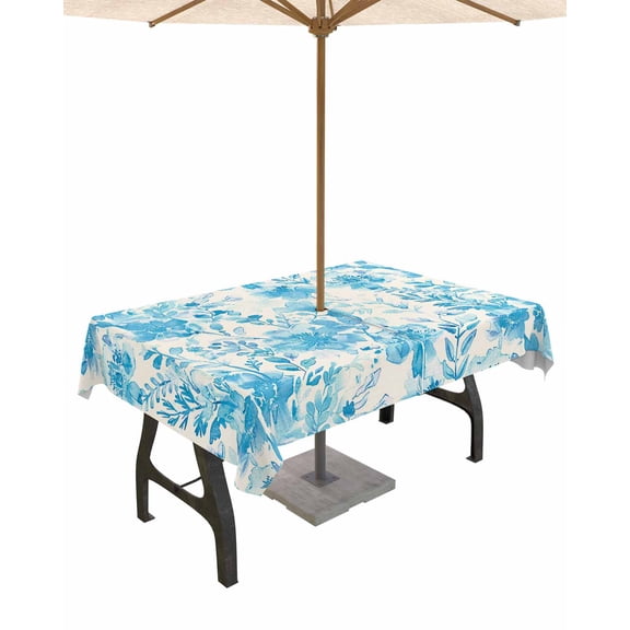 Fsddascl Aqua Flowers Outdoor Tablecloth - 60x120 Inch Rectangle Dining Table Cover, Watercolor Summer Botanical Floral Waterproof Outdoor Table Cloth with Umbrella Hole & Zipper for Picnic/Patio
