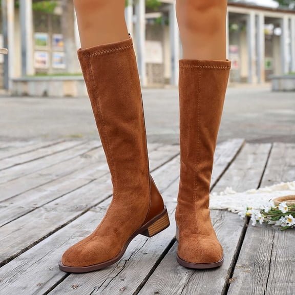 Viluyesy Knee High Boots for Women Fashion Low Heel Round Toe Faux Suede Side Zipper Casual Dressy Classic Shoes Brown Size 9
