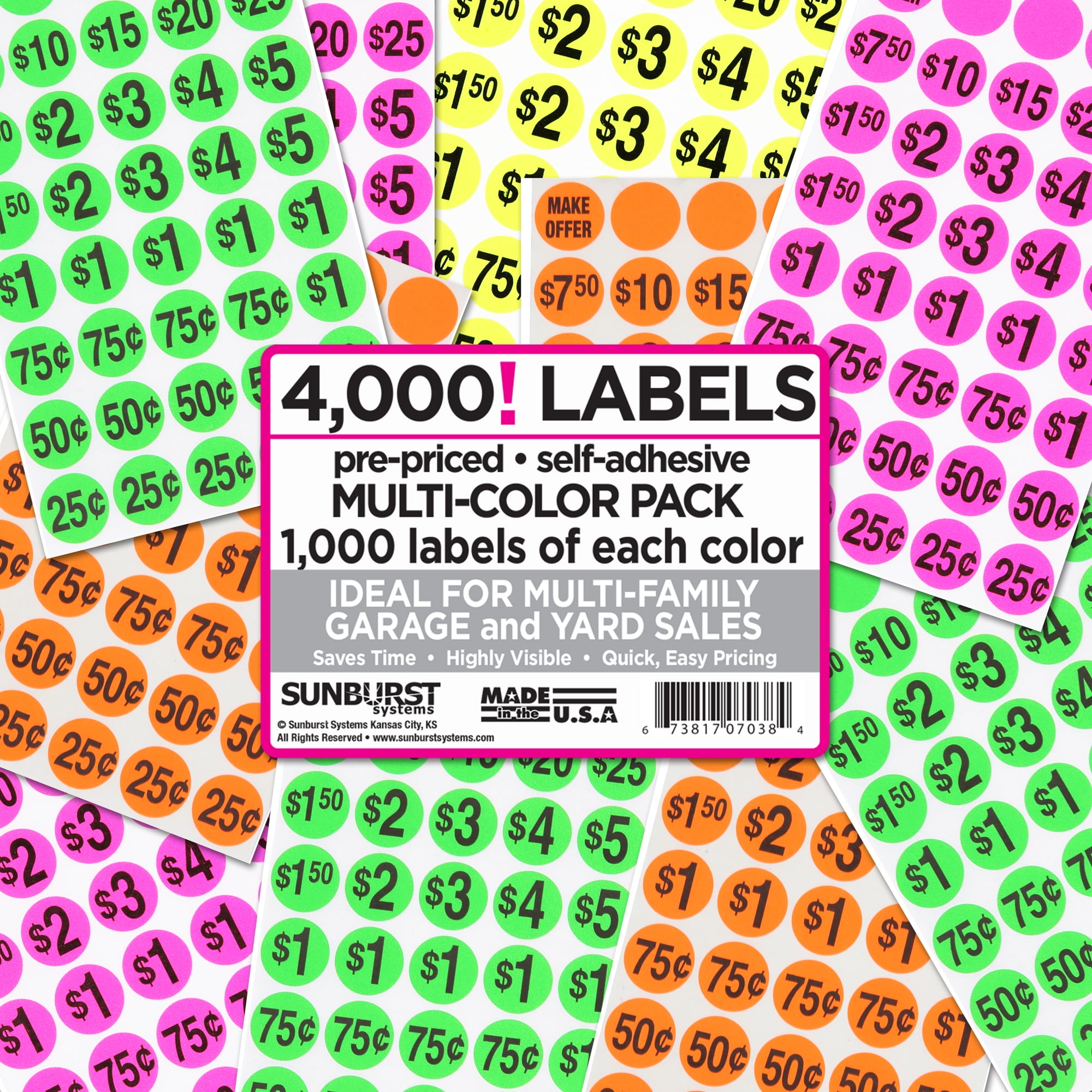 Sunburst Systems Pre-Priced Garage and Yard Sale Labels - 1000 of Each Color