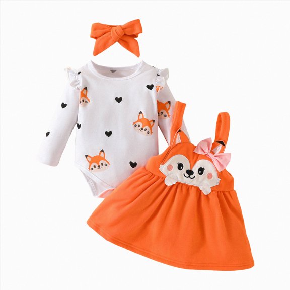 CAICJ98 Newborn Baby Girl Clothes Fall Winter Outfits Long Sleeve Ruffle Romper Cute Print Overall Skirt Headband Set 0 3 6 12 18 Months Baby Girls Clothes (Orange,9-12 Months)