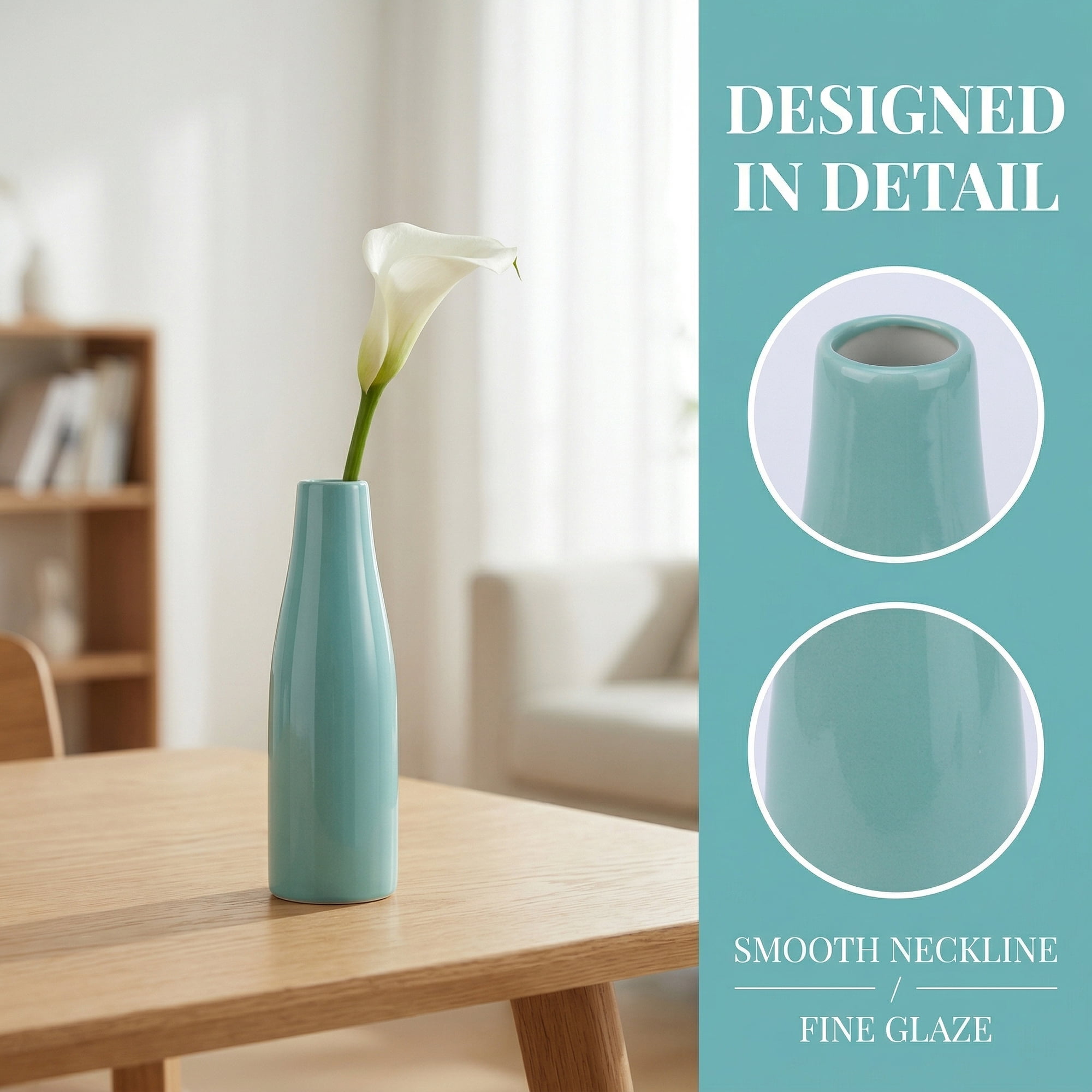 Unique Bargains Ceramic Bud Flowers Slim Decorative Vase Cyan 1.7"L x 1.7"W x 5.9"H