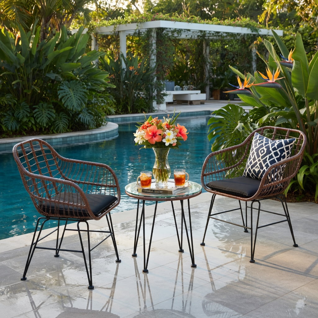 Hommoo 3-Piece Outdoor Rattan Bistro Set with Removable Cushions, Steel Frame, Tempered Glass Table, Patio & Balcony Seating, Black
