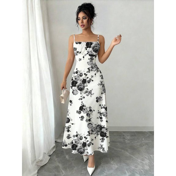 Black Floral Print Spaghetti Strap Maxi Dress For Women Elegant Vacation Formal Dress