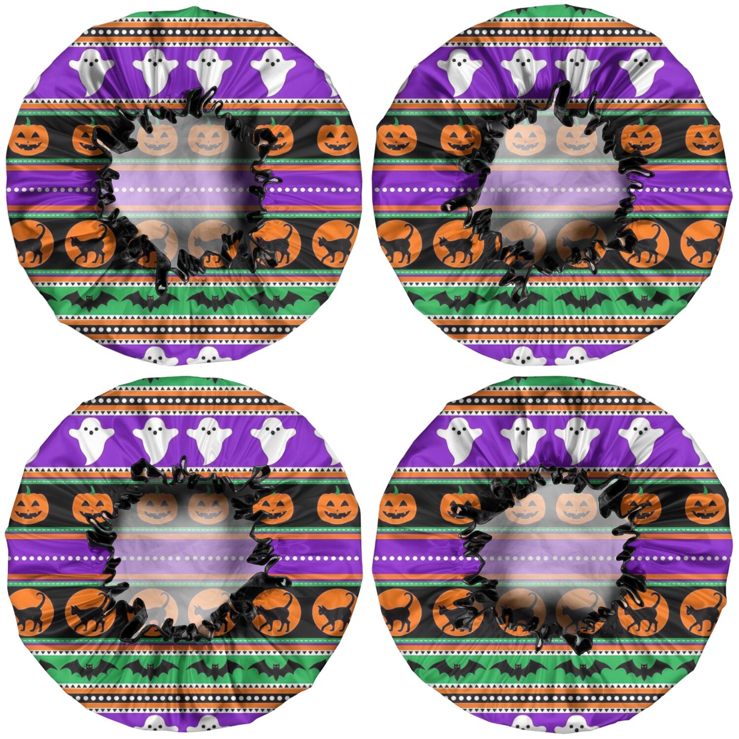Shower Caps,Halloween Striped Icons Pattern Waterproof Shower Cap for Women 4 Pieces,Double Reusable Hair Cover for Shower PEVA Elastic Stretch Hem