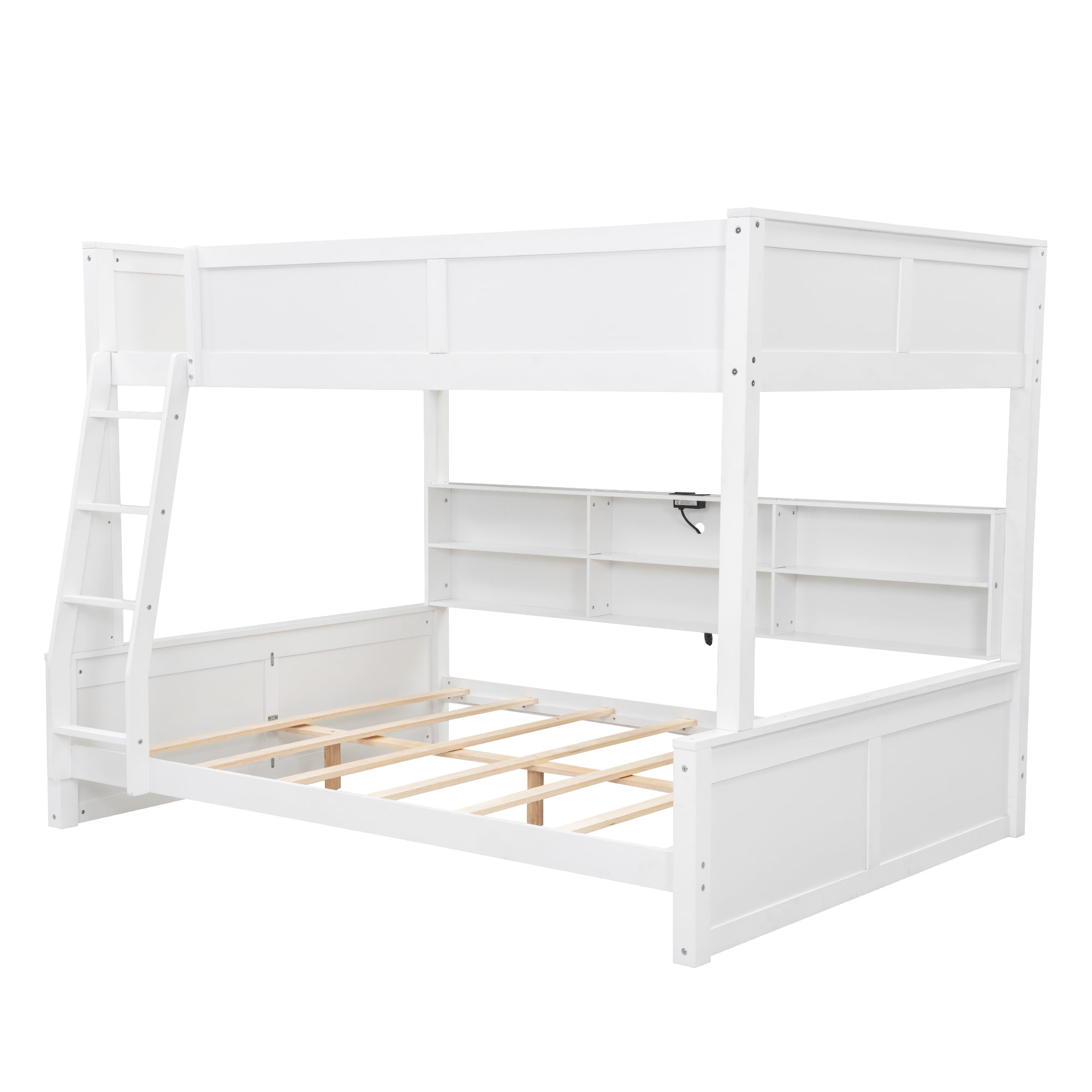 Full XL over Queen Bunk Bed with 6 Storage Cabinets on the Side, USB Ports & Outlets – Solid Pine & MDF Bed Frame with Guard Rails, No Box Spring Needed, Space-Saving Design