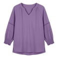 thumbnail image 4 of JOANKDMI Women's Solid Basic Tees V Neck 3/4 Sleeve Tops Casual Loose Fit Shirts Dressy Blouses with Ruched Cuffs Details Fall Fashion Everyday Outfit, 4 of 5