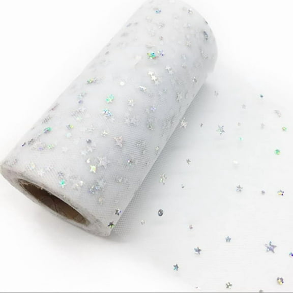 1 Roll Sparkle Polyester Tulle Fabric Rolls Mesh Ribbon Spool with Silver Tone Star Sun Sequins for White 5-7/8 inch(150mm) 25 Yards/Roll White DIY