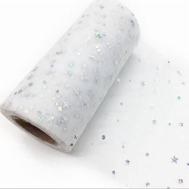 1 rollo de tela de tul de poliéster brillante, carrete de cinta de malla con lentejuelas plateadas de estrella y sol.