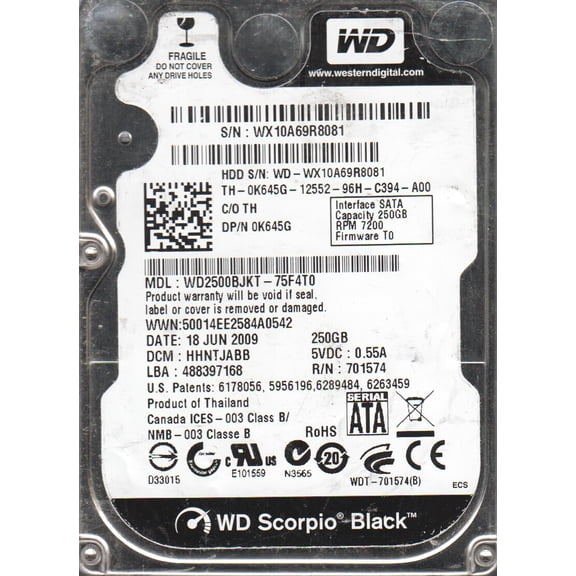 WD2500BJKT-75F4T0, DCM HHNTJABB, Western Digital 250GB SATA 2.5 Hard Drive