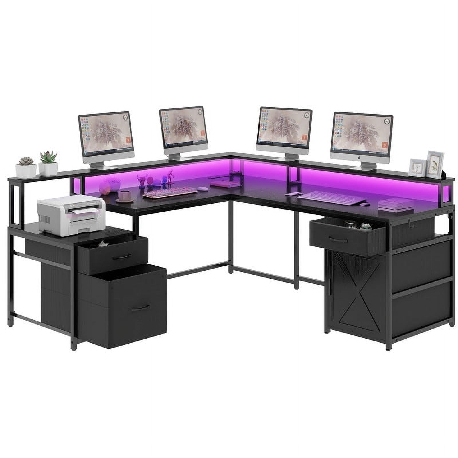 Uforic L Shape Desk with 3 Drawers& Monitor Stand, Reversible Computer Desk with LED Light& Power Outlet, Corner Gaming Desk Home Office Desk, Black
